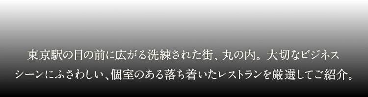 東京駅の目の前に広がる洗練された街、丸の内。大切なビジネスシーンにふさわしい、個室のある落ち着いたレストランを厳選してご紹介。